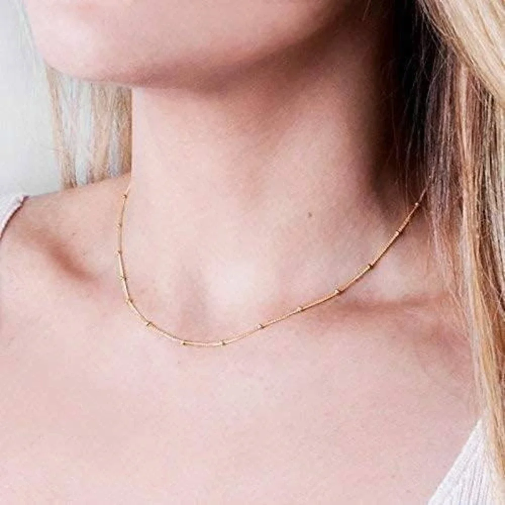 OGD Jewelry Gold Tone Satellite Chain Necklace Beaded Dainty Crystal Charm Box
